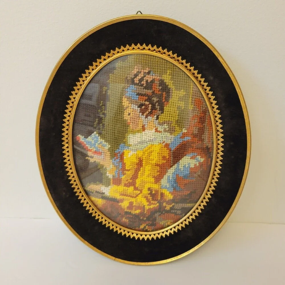 Vintage Handmade Needlepoint Portrait Oval Velvet And Brass Ormolu Wood Frame